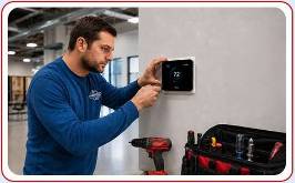 Technician installing commercial smart thermostat on wall in warehouse in Central Kentucky